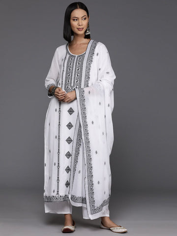Varanga Women White & Black Woven Design Straight Kurta With Bottom And Dupatta